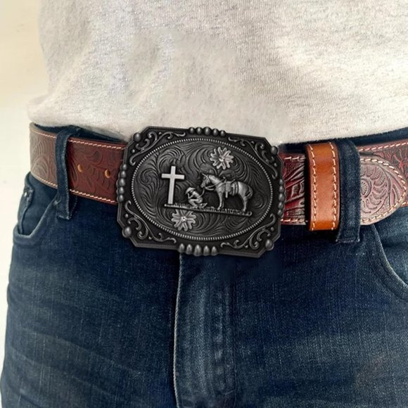 Man Silver Cowboy Rodeo Running Horse Antique Floral Engraved Rope Belt Buckle - Picture 6 of 7